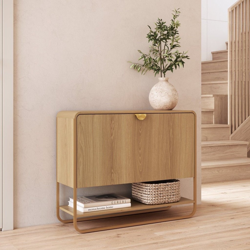 Sapateira Aparador Orgânica Curva 1 Porta 93cm com Pé Metal 100% BP Luna Marrom/Hanover/Dourado