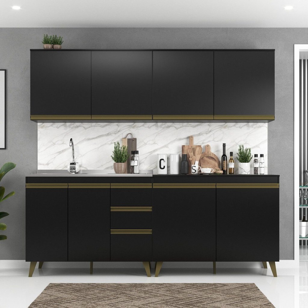 Cozinha Modulada Compacta 4 Peças 8 Portas 3 Gavetas Ema Yescasa Preto 8 Portas