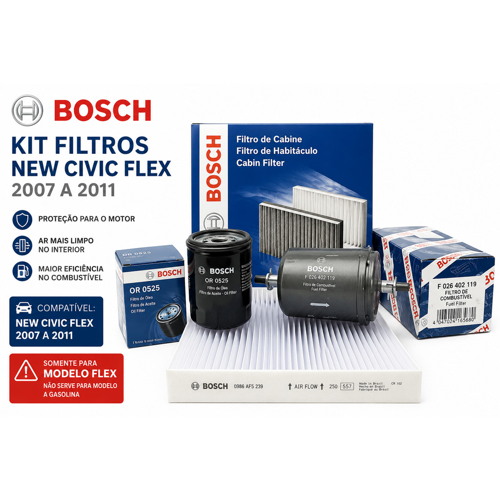 KIT Filtros Bosch New Civic 2007 2008 2009 2010 2011 Cabine Óleo Combustível