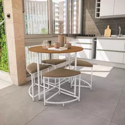 Mesa Redonda com 4 Bancos Estofados Kappesberg Canela/Branco