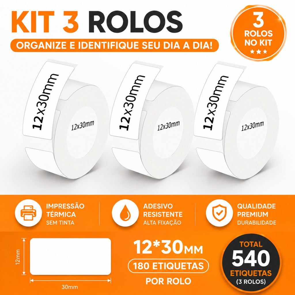 3 Rolo Etiqueta Niimbot WP9525 D101 D11 12x30mm (180pçs)