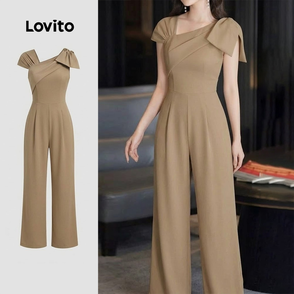 (New Arrival) Lovito Macacão Casual com Zíper Assimétrico e Laço Cor Cáqui Prima