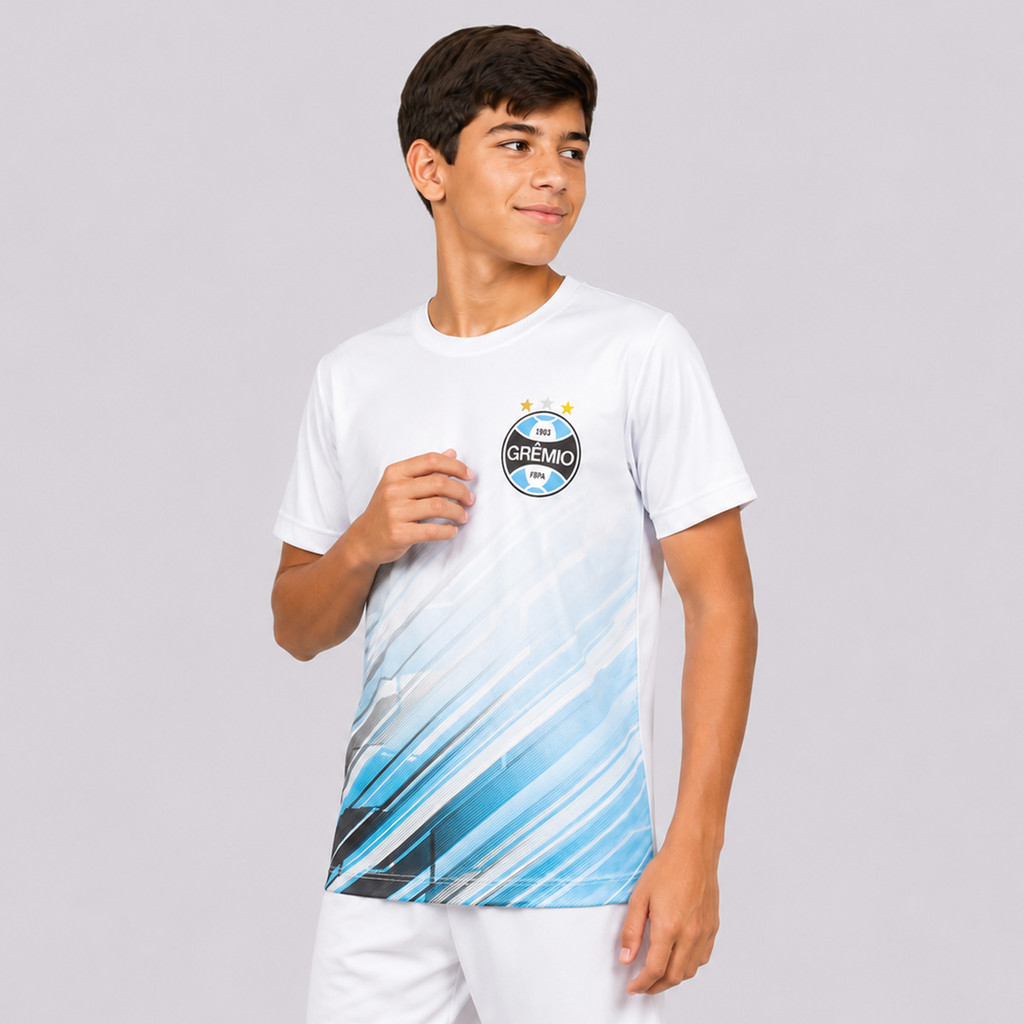 Camisa Grêmio Esportiva Dry Fit Juvenil Branca e Azul · foto 2