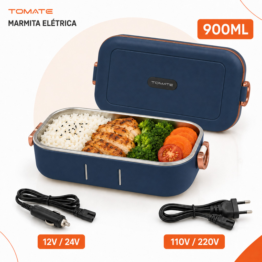 Marmita Elétrica 900ml Inox TOMATE Bivolt 110V/220V e Veicular 12V/24V para Casa Carro e Caminhão