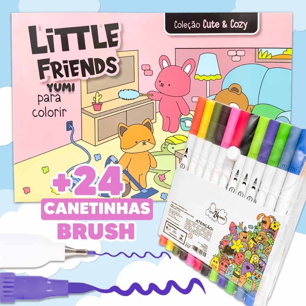 Livro Little Friends Goods Para Colorir + Estojo Bolsa Caneta Marcadores Canetin
