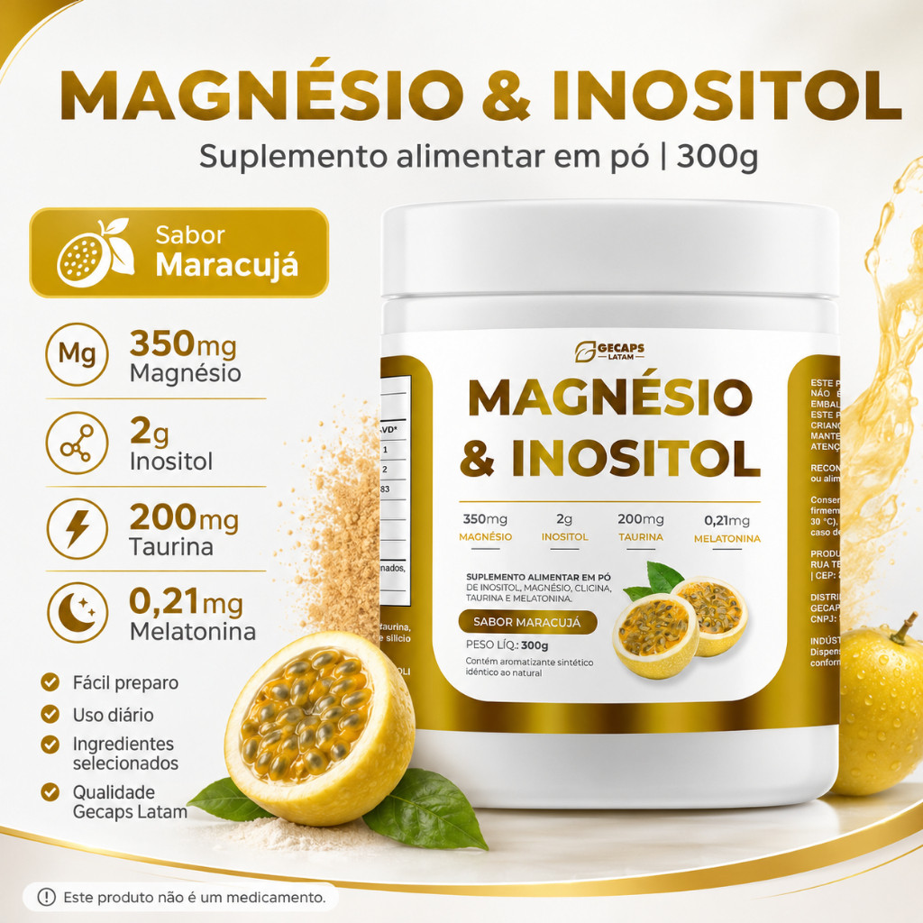 Magnésio & Inositol Gecaps Latam 300g Maracujá | Suplemento Alimentar em Pó | Magnésio Inositol Taurina
