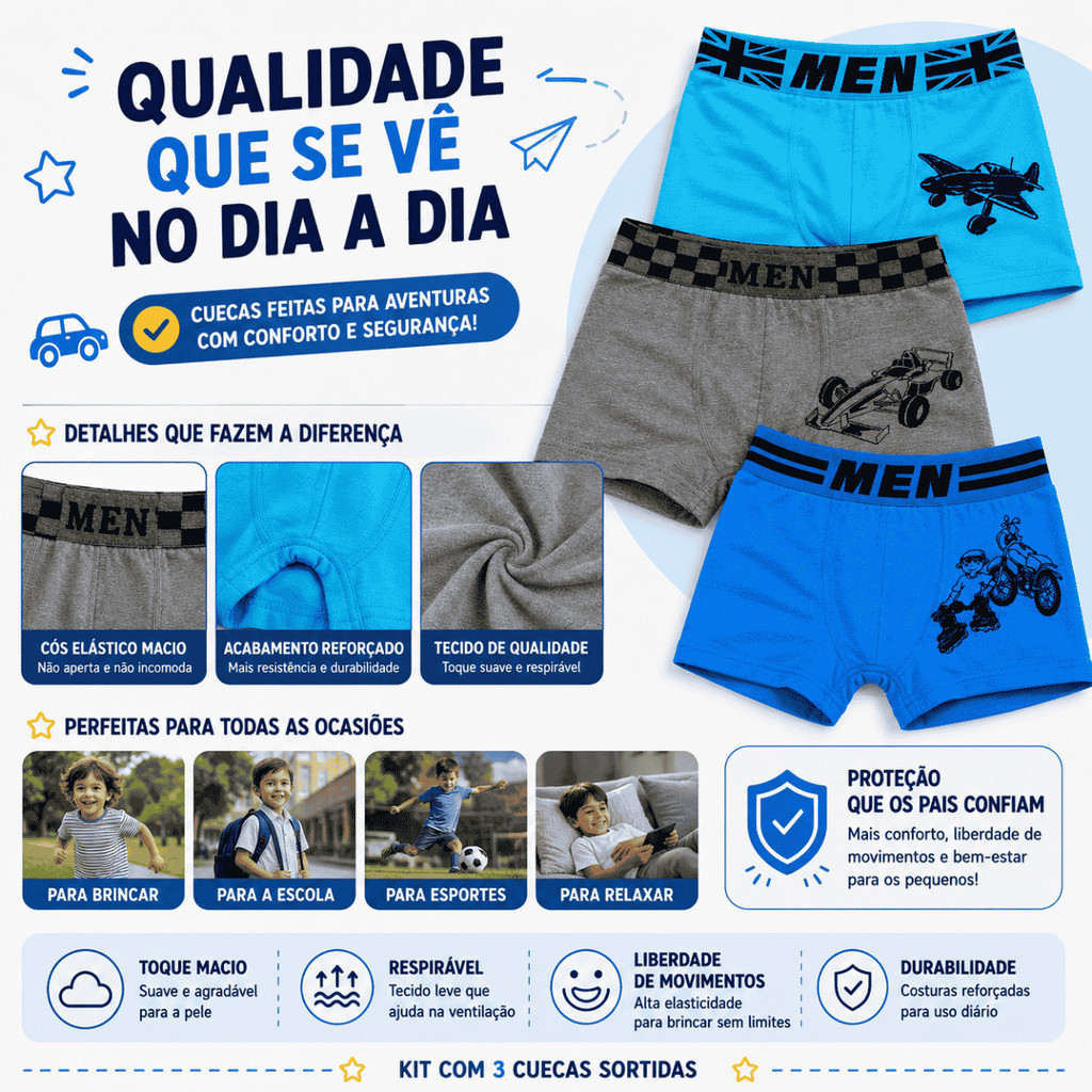 Kit com 3 Cuecas Boxer, em Microfibra Premium muito Confortáveis e Macias para o Dia a Dia