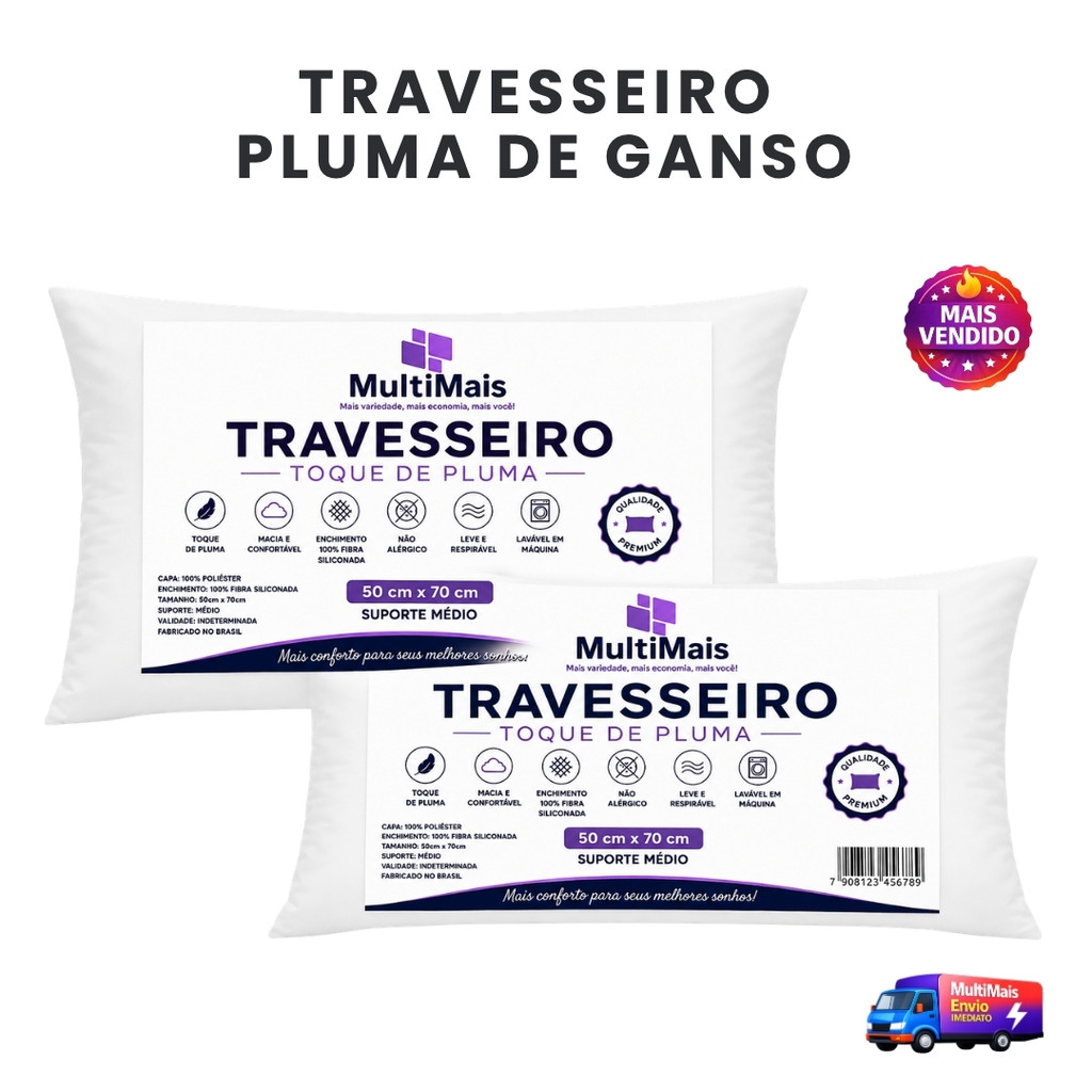 Travesseiro Pluma de Ganso Sintética 50x70cm Macio e Confortável Antiácaro Premium