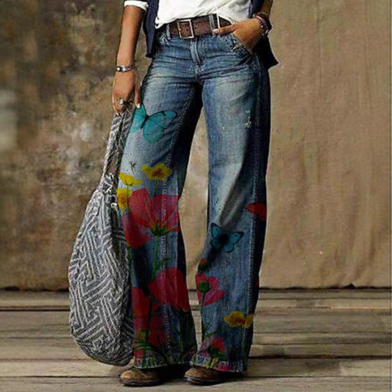 [Novo produto] Sarja feminina Digital impressa imitação Jeans calças casuais finas outono [venda quente]