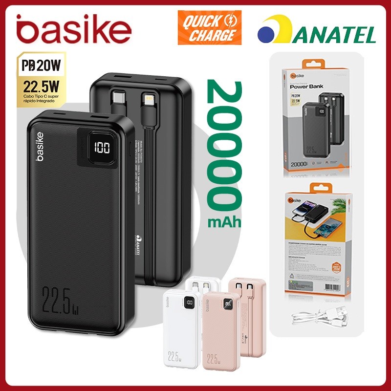 Basike Power Bank 20000mAh Carregador Portátil Bateria Externa para iPhone Samsu