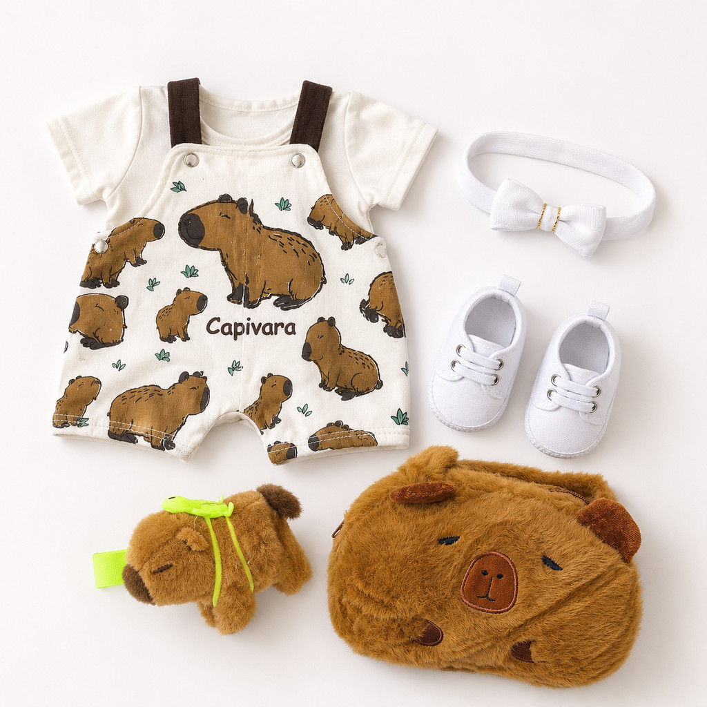 Kit Capivara Bebê Reborn Jardineira Camiseta Bolsa E Tiara Enxoval Completo Luxo