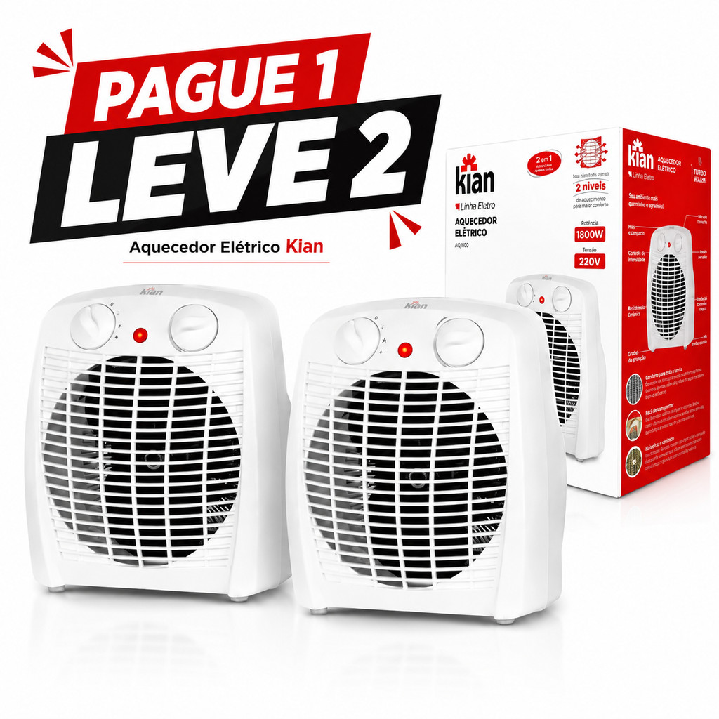 PAGUE 1 LEVE 2! Kit 2 Aquecedores de Ar AQ100 1800W 220V Portátil Kian