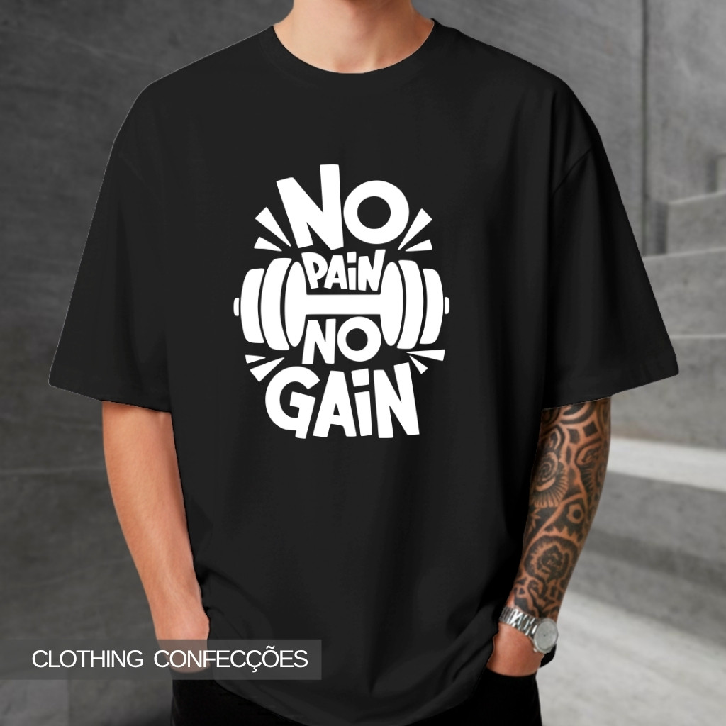 Camiseta Academia No Pain No Gain Musculação Treino Crossfit Fitness Halter Estampa Criativa Camisa Masculina Algodão