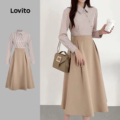 Lovito Vestido Casual Assimétrico com Botão Outono/inverno Cáqui para Mulheres LBL36077