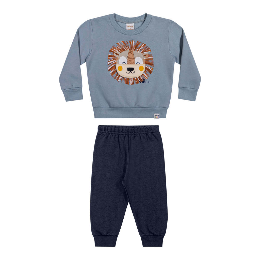 Conjunto Bebê Menino Leão Bordado Interativo Elian Azul