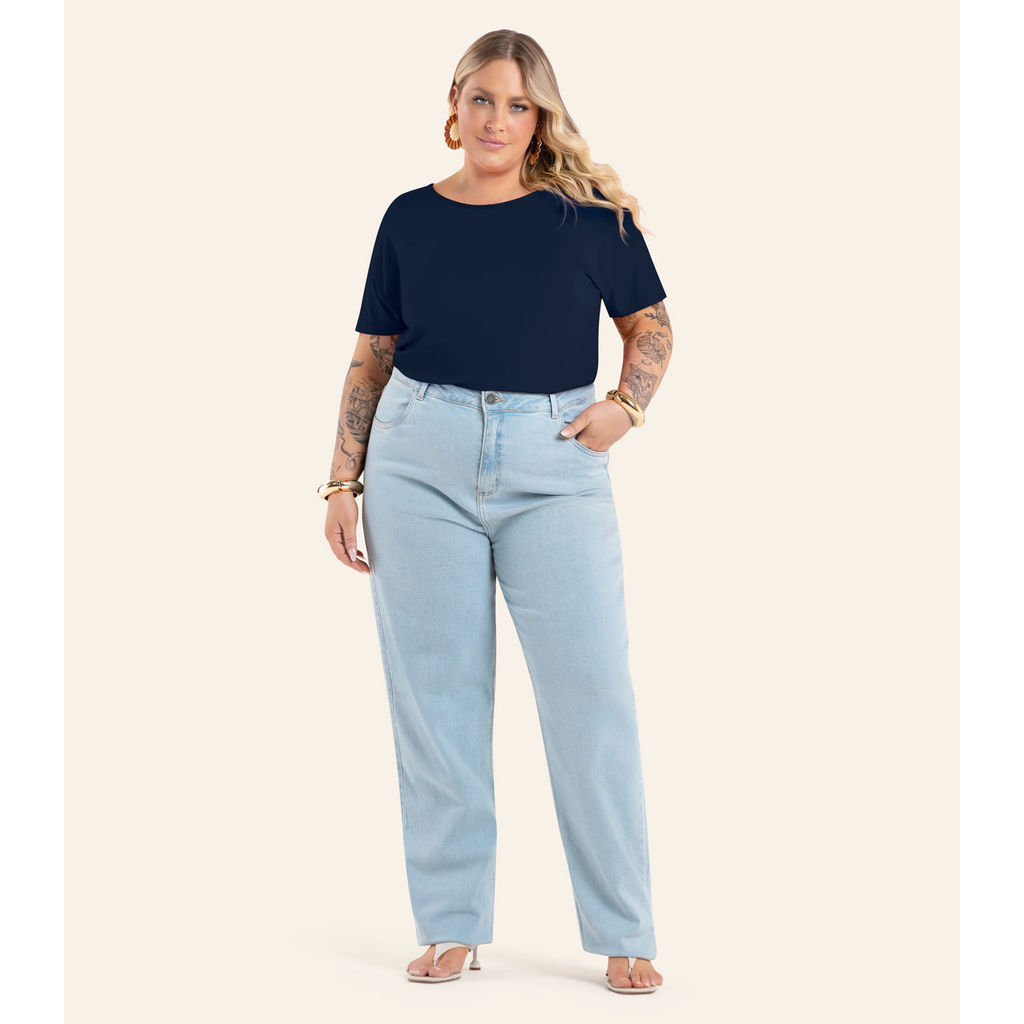 Blusa Manga Curta Feminina Plus Size Secret Glam Azul