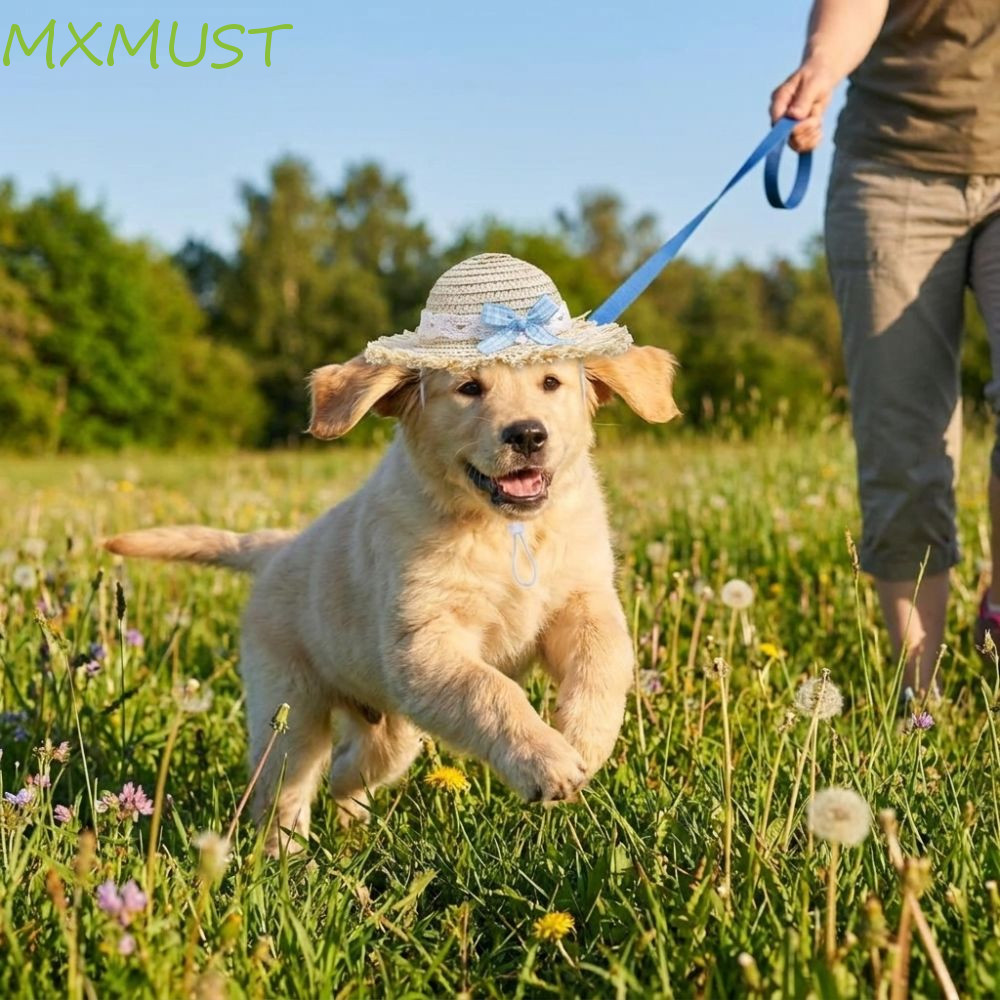 MXMUST Chapéu Com Laço De Renda Para Animais De Estimação , De Palha Ajustável Alça De Queixo Proteção Solar Protetor Em