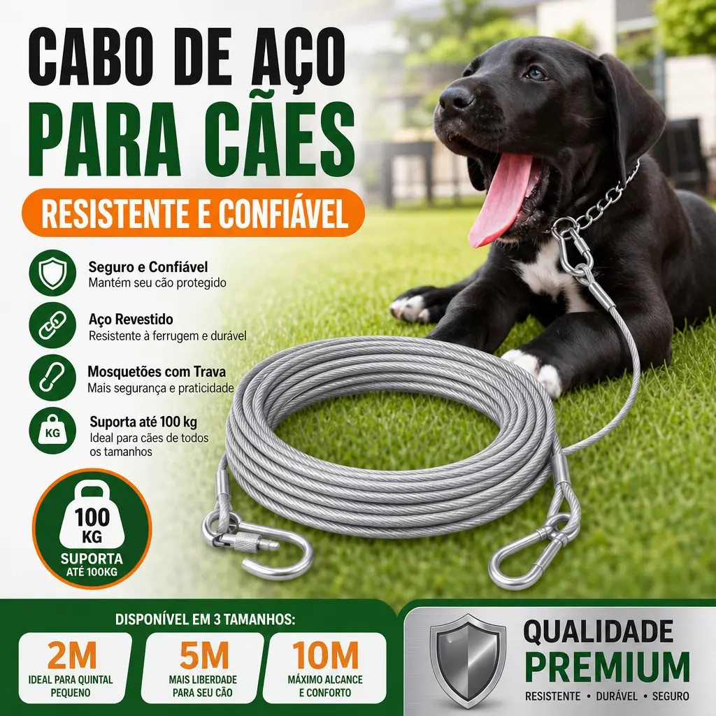 Kit Cabo de Aço Cristal Reforçado 2m / 5m / 10m | Coleira de Treinamento e Passeio | Antifuga para Cães Grandes
