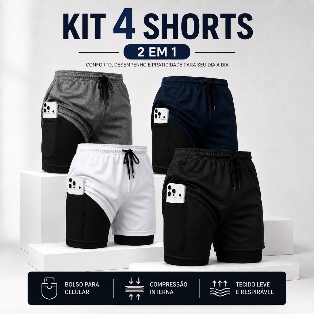 Kit 4 Shorts Masculino 2 em 1 Dry Fit Esportivo Academia Corrida Treino