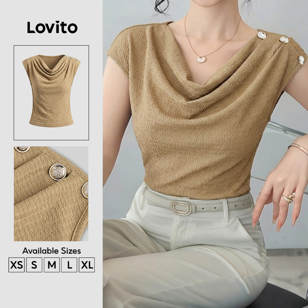 (New Arrival) Lovito Camiseta Feminina Khaki com Babados Elegantes Primavera/Verão TSB201P1D059