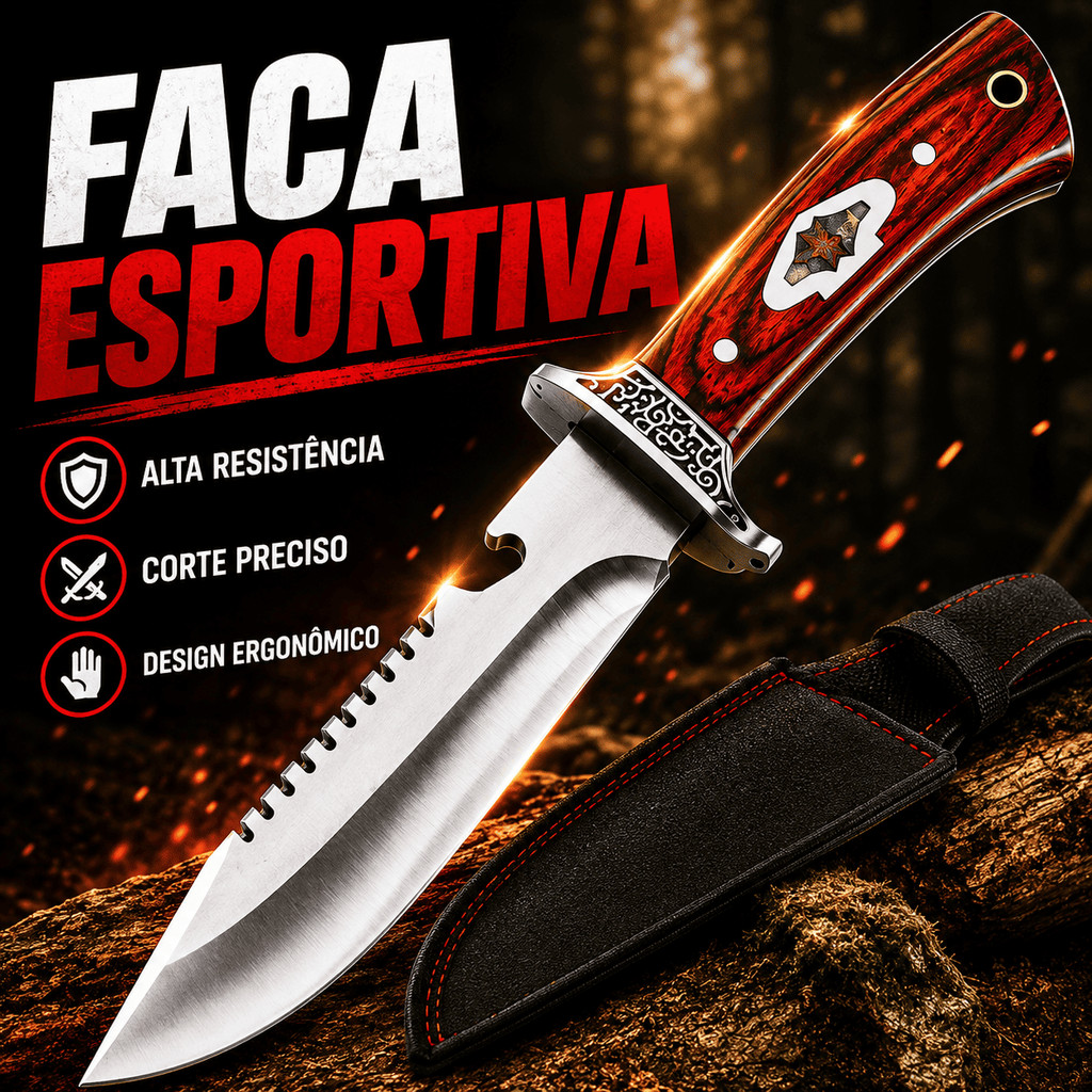 Faca Esportiva De Caça Monobloco Ultra Resistente Acampamento Pesca Sobrevivência Bainha De Couro Corte Preciso Afiada