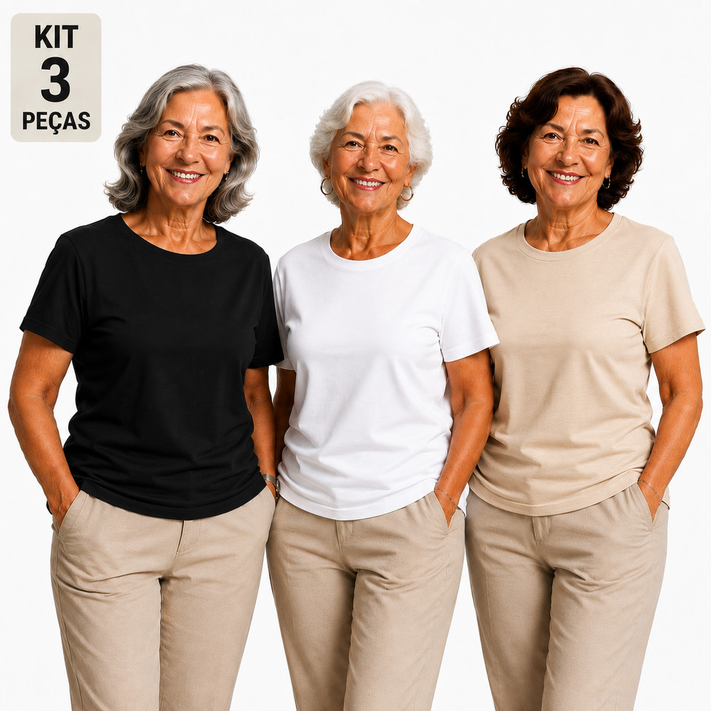Kit 3 Blusas SenhorasT-Shirt Lisa Básica 100% Algodão Premium