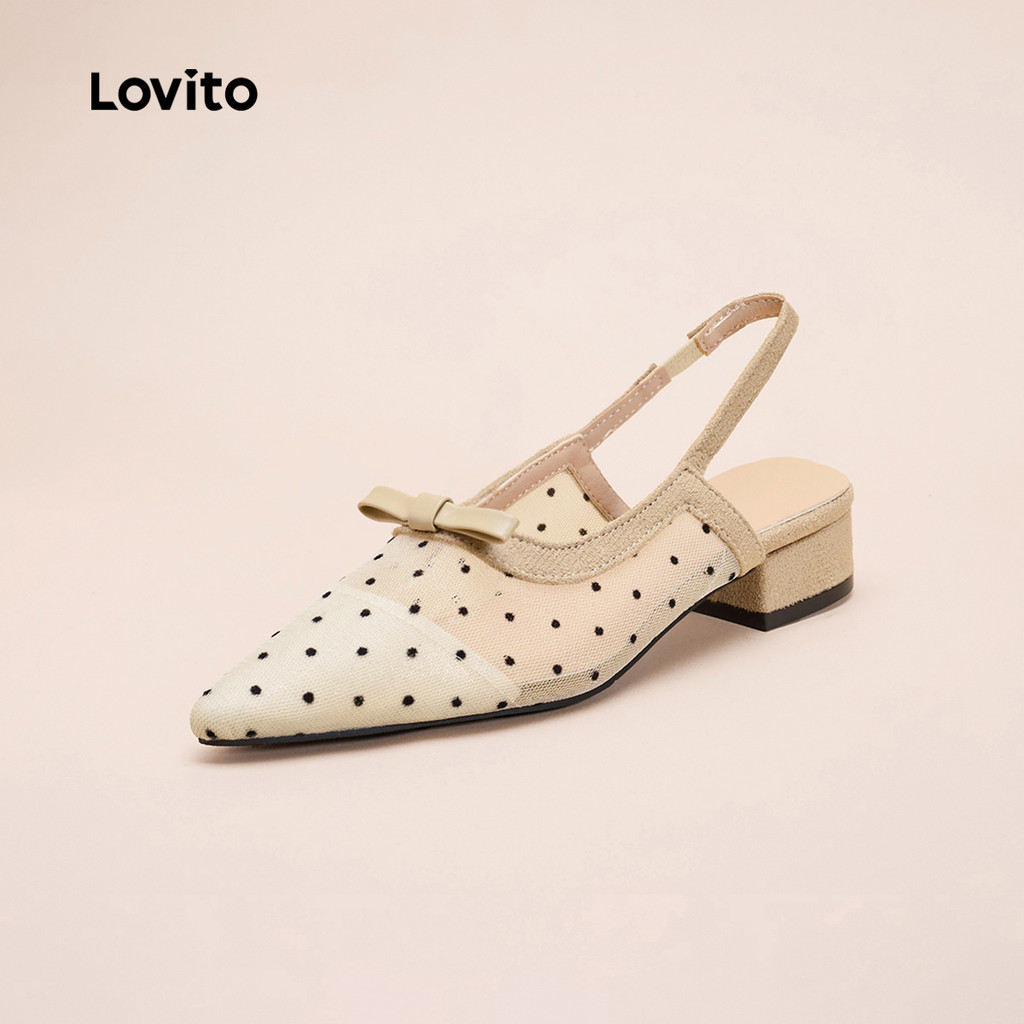 Lovito Elegante liso arco malha francesa respirável bolinhas pontiagudas balé plano para mulheres LFA70175