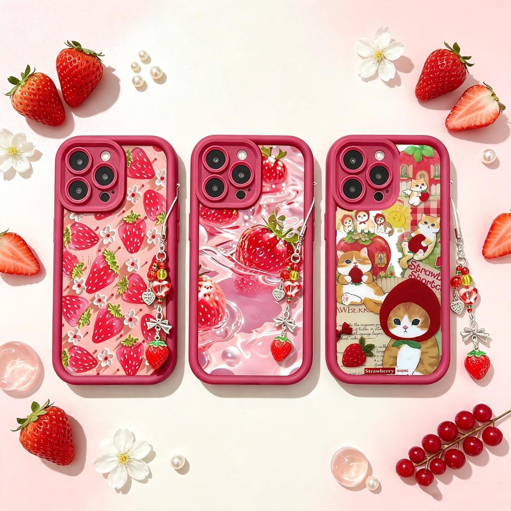Capa De Gato Flor De Morango Vermelho Para Samsung Galaxy A57 A37 A27 A55 A56 A36 A26 A35 A15 A16 A54 5G Com Corrente De