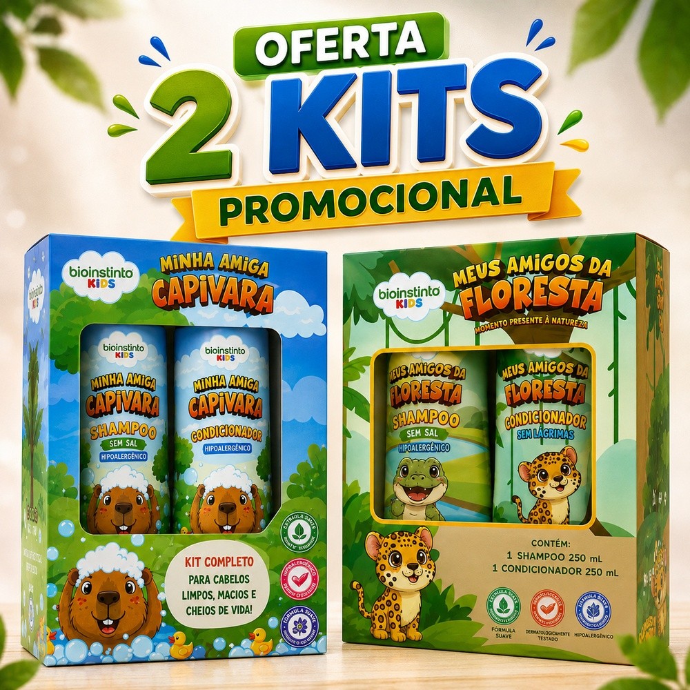Combo 2 Kits Infantil Bio Instinto Kids Shampoo e Condicionador Capivara e Amigos da Floresta