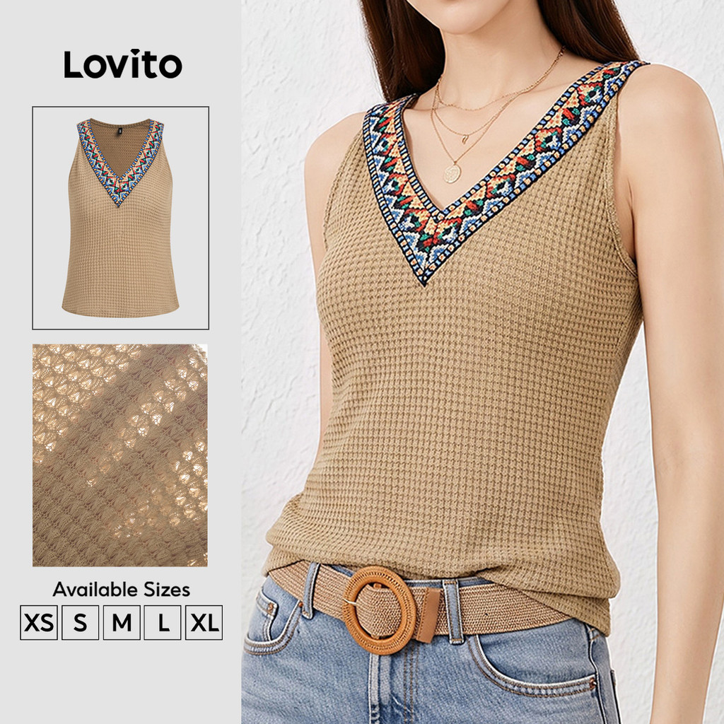 (New Arrival) Lovito Top Feminino Boho Sem Mangas Gola V Fita Contrastante Verão E Férias Caqui TKB201P1D171