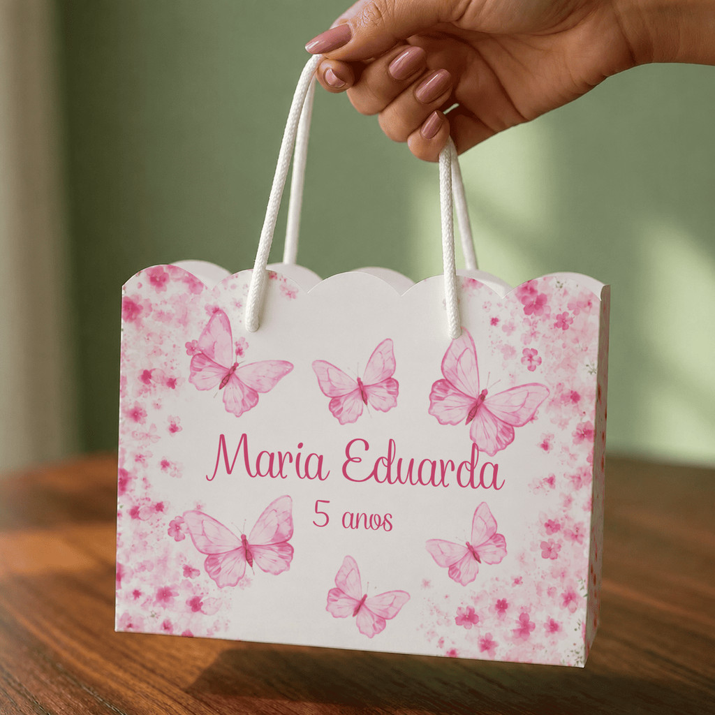 Sacolinhas Aniversário Personalizadas Festa Jardim Das Borboletas Rosa(20x15x7cm) Envio Rápido