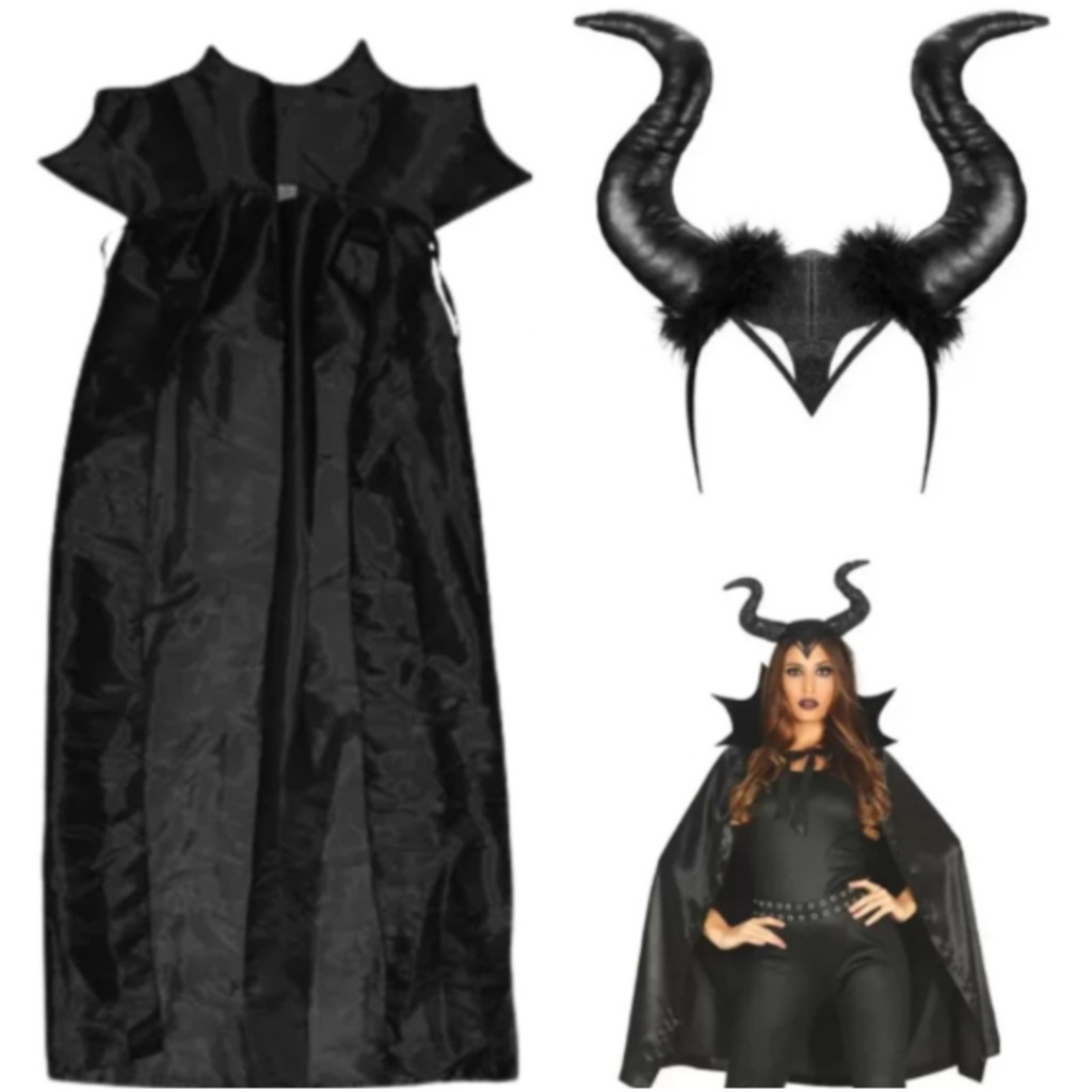 Kit Fantasia Feminina Adulto Malévola Capa Longa Gola Alta Tiara de Chifre Halloween Rainha Fada Má