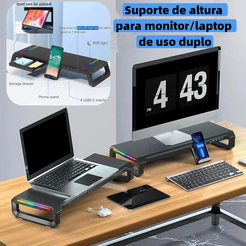 Base Pra monitor gamer luz RGBSuporte para Notebook com 4 USB e armazenamento e proporciona altura confortável ATEK B104