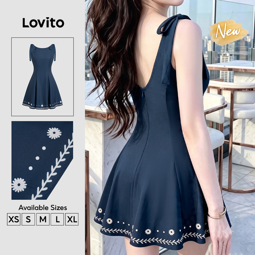 (New Arrival) Lovito Vestido Casual Azul Escuro com Estampa de Laço para Mulheres primavera/verão DRB203TD210