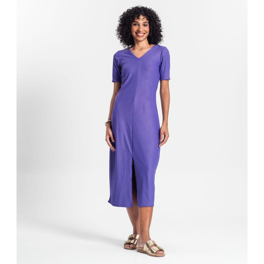 Vestido Midi Ribana Canelada Lurex Rovitex Roxo