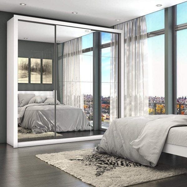 Guarda-Roupa Casal 4 Espelhos 3 Portas de Correr 4 Gavetas Max Premium Espresso Móveis Branco Branco