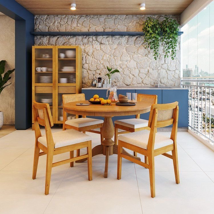 Mesa de Jantar 4 Lugares Redonda Tampo de Madeira Maciça Gardênia Mel