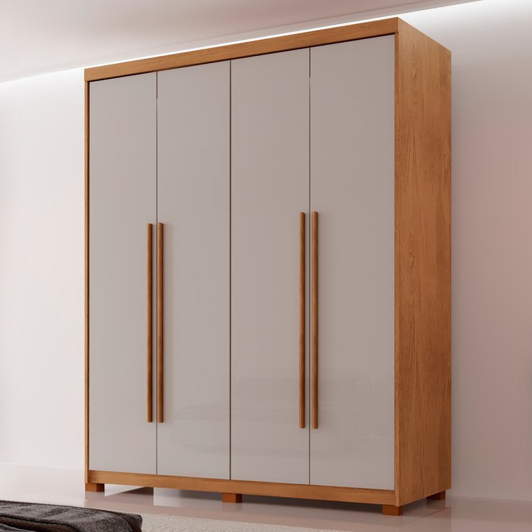 Guarda Roupa Solteiro 4 Portas 2 Gavetas com Pés MDF Veracruz Off White/Marromle Naturalle/Off White