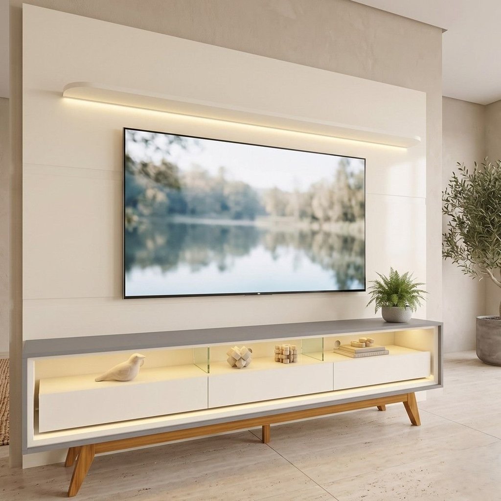 Rack com Painel para TV até 90 Polegadas 100% MDF com LED 219CMX253CM Pés em Madeira Maciça 3 Gavetas Royal Requinte