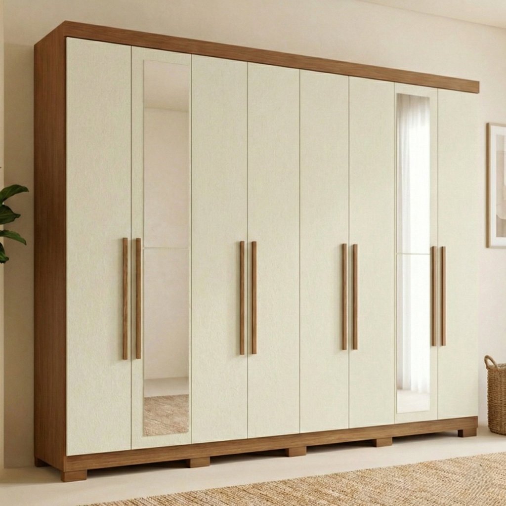Guarda-Roupa Casal com Espelho e Pés 8 Portas 4 Gavetas Master New Bege/Jatobá/Areia Jatoba/Areia