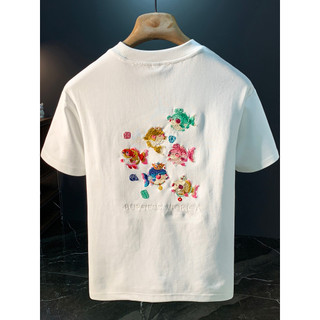 American Street Wear bordado Koi camiseta de manga curta masculina 2026 verão novo estilo branco em torno do pescoço All