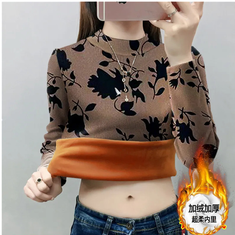 Forro de lã engrossado camisa de fundo feminino inverno lã dourada manga comprida camiseta moda tamanho grande ocidental