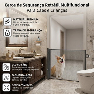 Portão Tela Segurança Automático Bebês Pets Retrátil Cercadinho Porta Grade 180cm Escada Porta