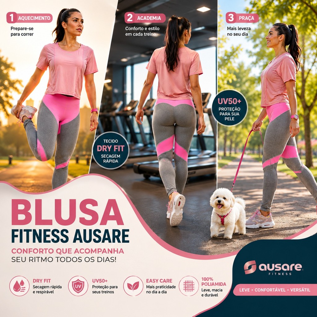 Blusa Fitness Feminina Ausare Dry Fit Poliamida UV50+ Academia Corrida Caminhada Treino Secagem Rápida Confortável Roupa