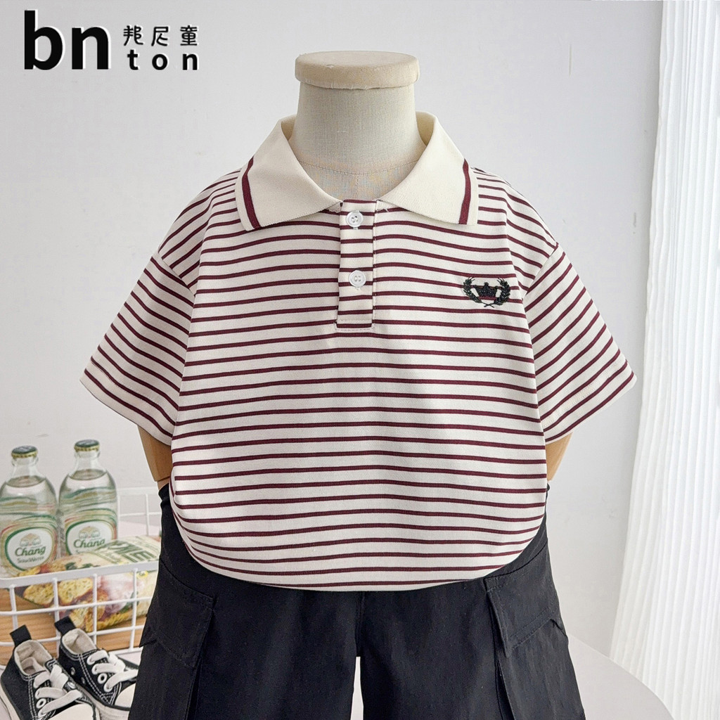 Menino listrado lapela manga curta camiseta 2026 novo estilo crianças usar fino meia manga topo meninos verão camisa pol