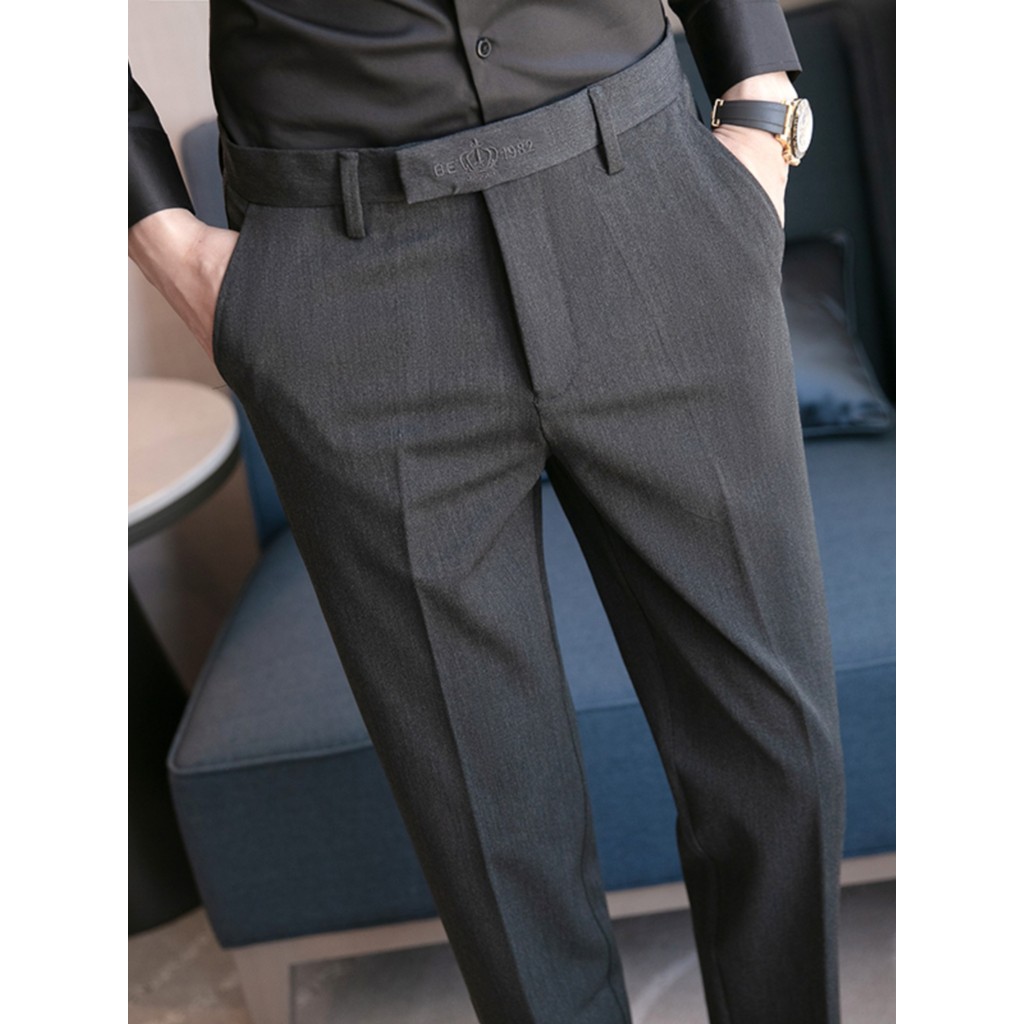Estilista de cabelo coroa bordado cinza calças masculinas britânicas Slim-fit Drape calças casuais outono pés pequenos c