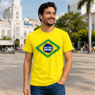 Camiseta Masculina Amarela Brasil Ore Pelo Brasil Bandeira Estampada Manga Curta Algodão Casual
