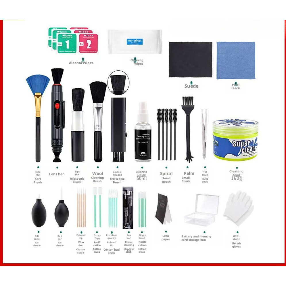 Kit de limpeza Digital, ferramenta de limpeza de lentes de câmera, escova de pó de tela, sopro de ar de teclado, líquido