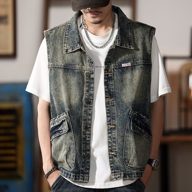 Americano Retro lavado Denim colete masculino primavera outono solto Casual rufião bonito resistente ao desgaste angusti