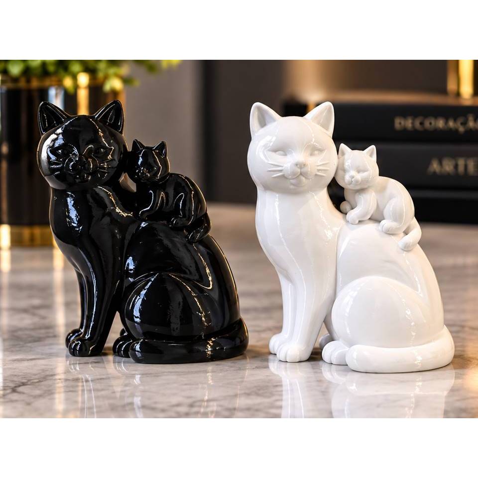 Gato Mãe e Filhote Decoração Fofa e Elegante Estatueta Decorativa